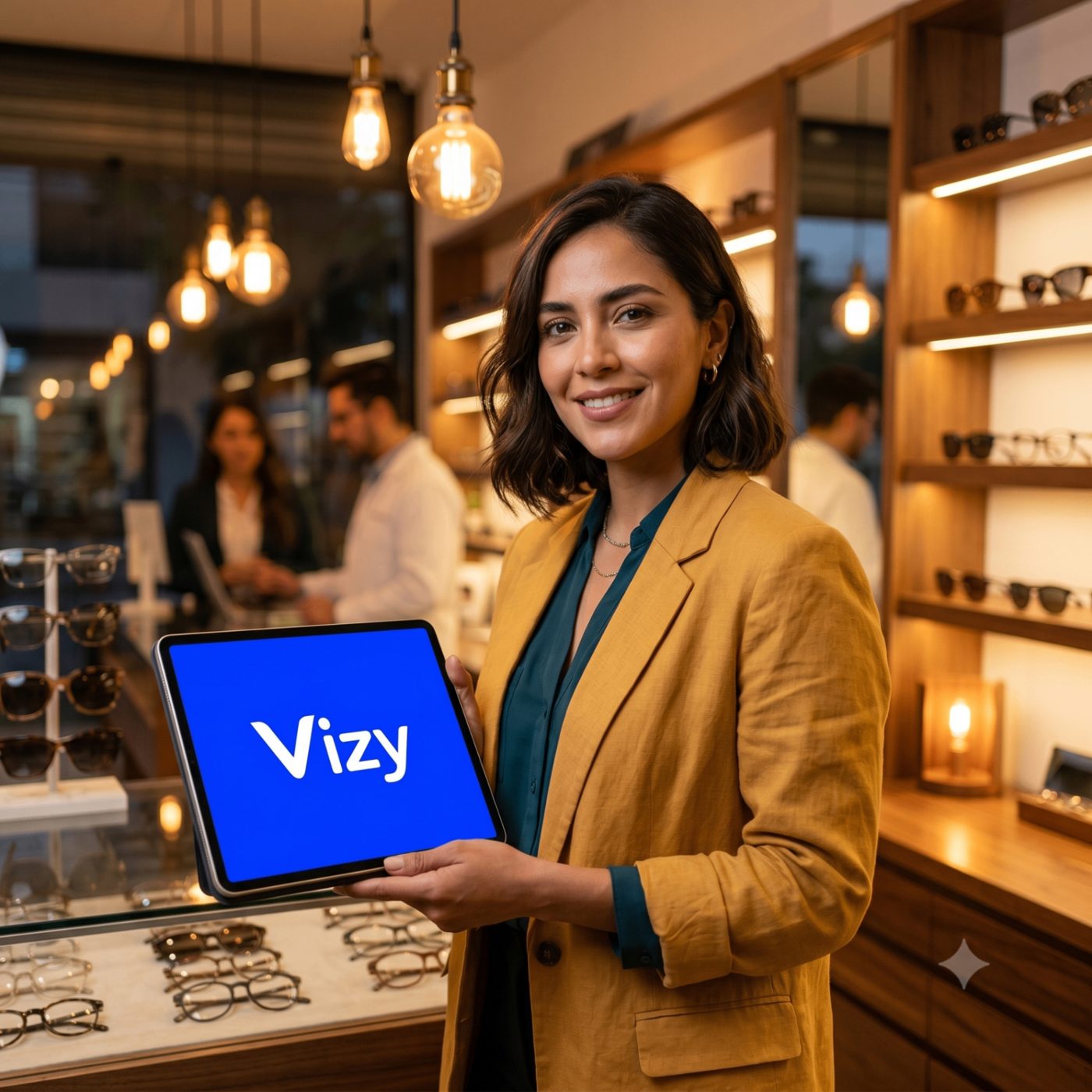 Dueña de óptica usando Vizy en una tablet